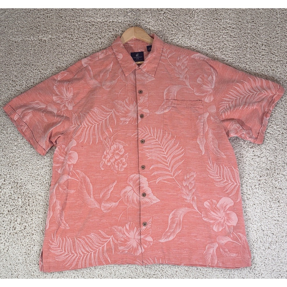 Caribbean Joe Silk Button Down Mens XXXL Salmon Coral Good Tropical Floral Shirt